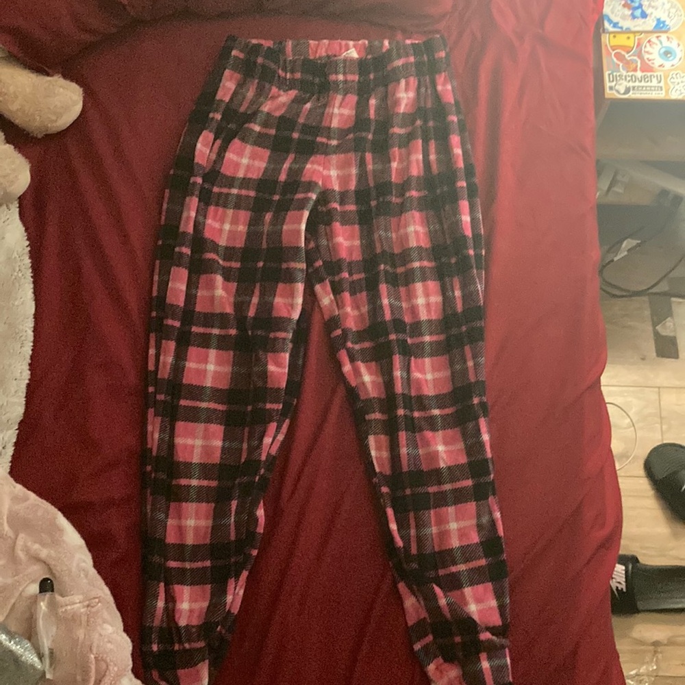 pink and black plaid pj pants